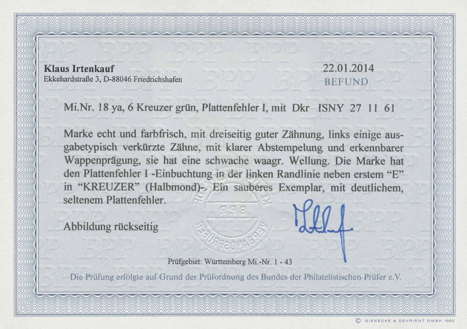 O Württemberg - Marken Und Briefe: 1861: 6 Kr. Grün, Normal Gezähntes Prachtstück Mit Seltenem Platten - Autres & Non Classés