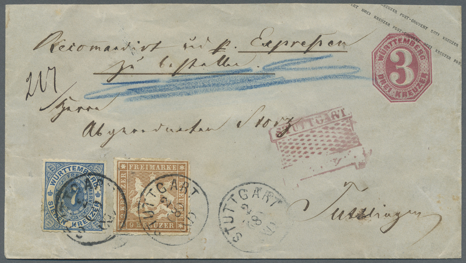 GA Württemberg - Marken Und Briefe: 1871, 9 Kr. Rötlichbraun Und 7 Kr. Blau Als Zusatzfrankatur Auf Gan - Andere & Zonder Classificatie