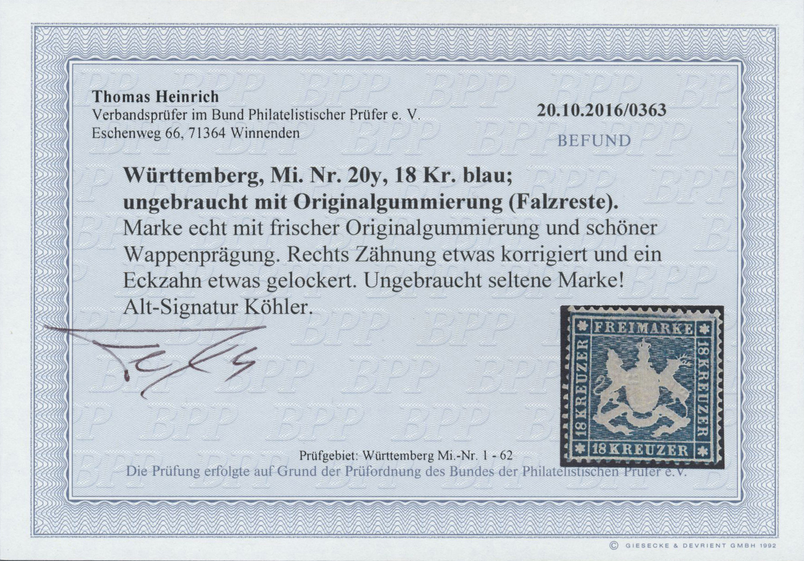 * Württemberg - Marken Und Briefe: 1861, 18 Kr. Dunkelblau, Enge Zähnung, Dünnes Papier, Ungebraucht M - Autres & Non Classés