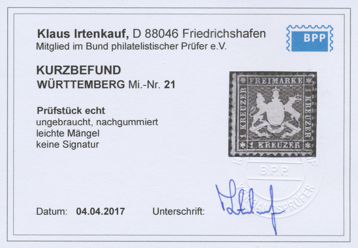 (*) Württemberg - Marken Und Briefe: 1862, Wappenausgabe 1 Kr. Schwarzbraun, Weit Gezähnt K10, Ungebrauc - Other & Unclassified