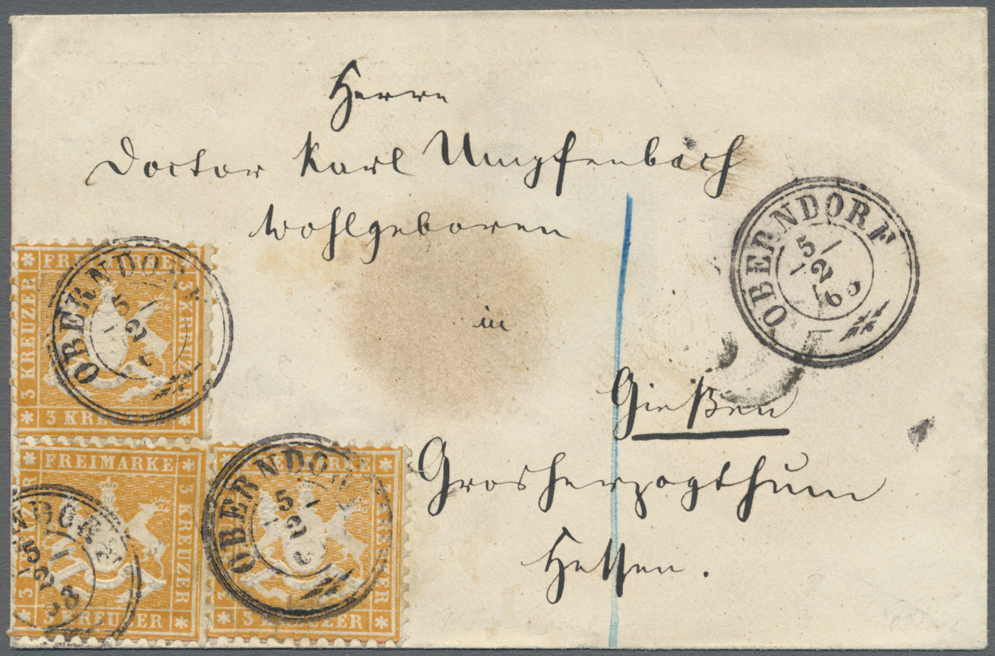 Br Württemberg - Marken Und Briefe: 1862, Dreimal 3 Kr. Gelborange, Weit Gezähnt Je Mit K3 &bdquo;OBERNDORF 5 - Autres & Non Classés