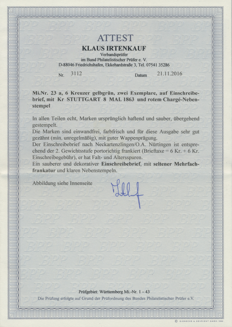 Br Württemberg - Marken Und Briefe: 1863, 2 Exemplare 6 Kreuzer Gelbgrün Sauber Entwertet Mit K1 Stuttg - Andere & Zonder Classificatie