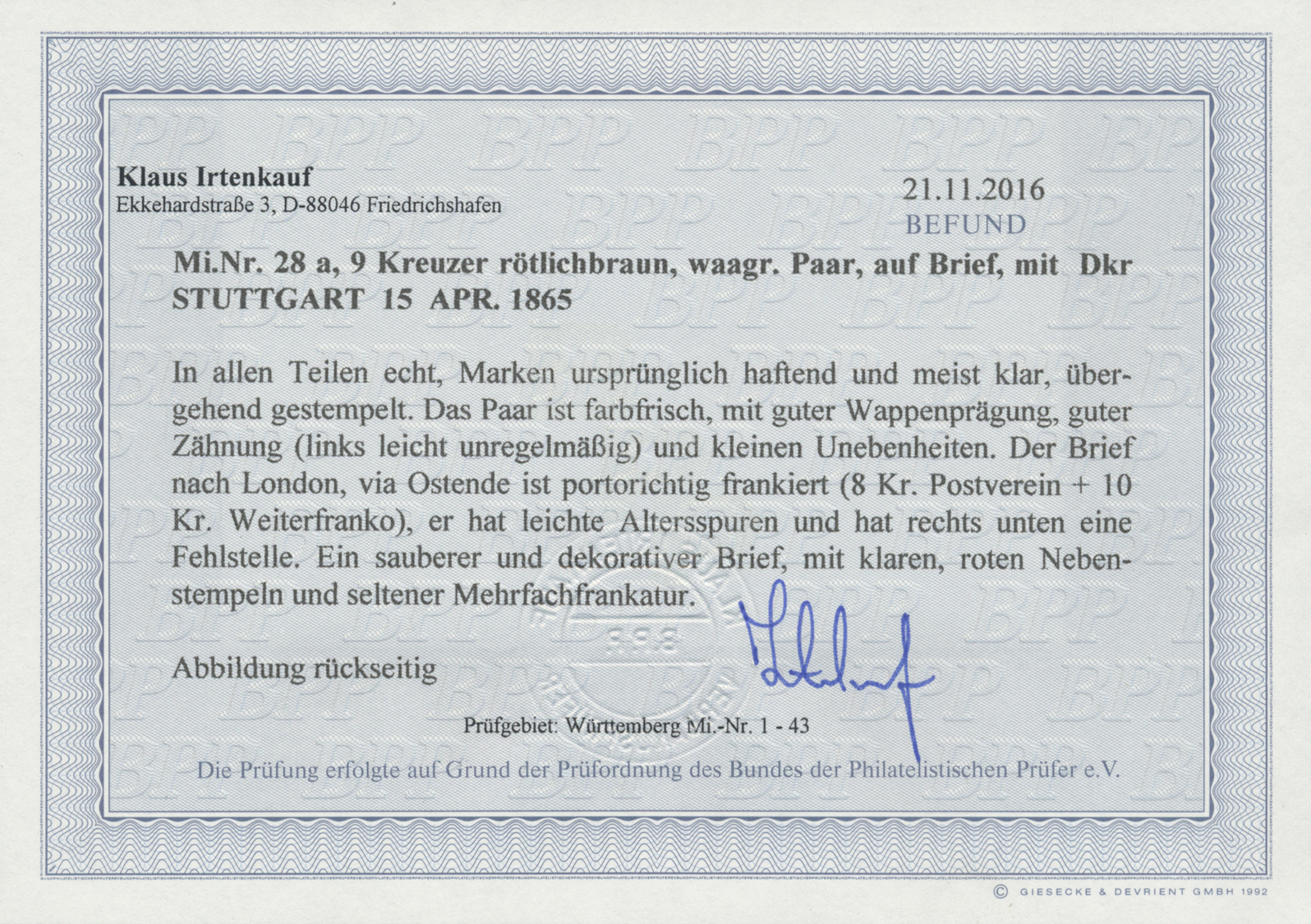 Br Württemberg - Marken Und Briefe: 1865, 9 Kreuzer Gelbbraun Im Waager. Paar Sauber Entwertet Mit DKr - Autres & Non Classés