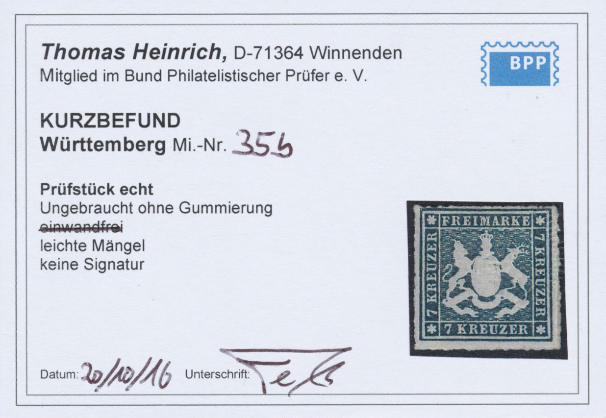 (*) Württemberg - Marken Und Briefe: 1868, Wappen 7 Kr. Schieferblau, Durchstochen, Ungebraucht Ohne Gum - Andere & Zonder Classificatie