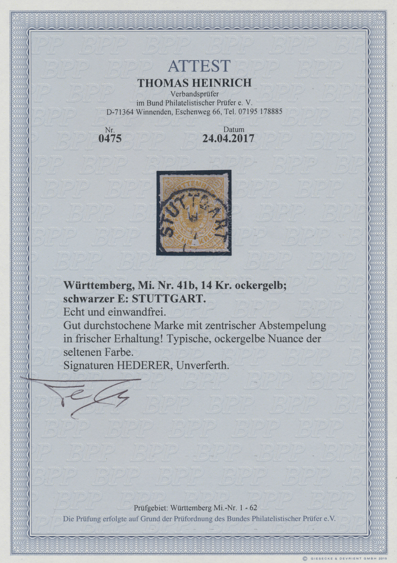 O Württemberg - Marken Und Briefe: 1869, Freimarke 14 Kr. Zitronengelb (ockergelbe Variante), Farbfris - Autres & Non Classés