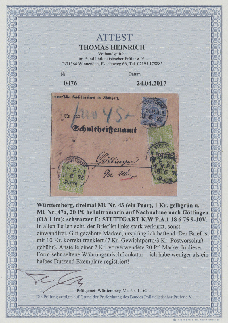 Br Württemberg - Marken Und Briefe: 1874, Freimarken 1 (Kr) Gelbgrün, Dreimal (dabei Ein Paar) Und 20 P - Andere & Zonder Classificatie