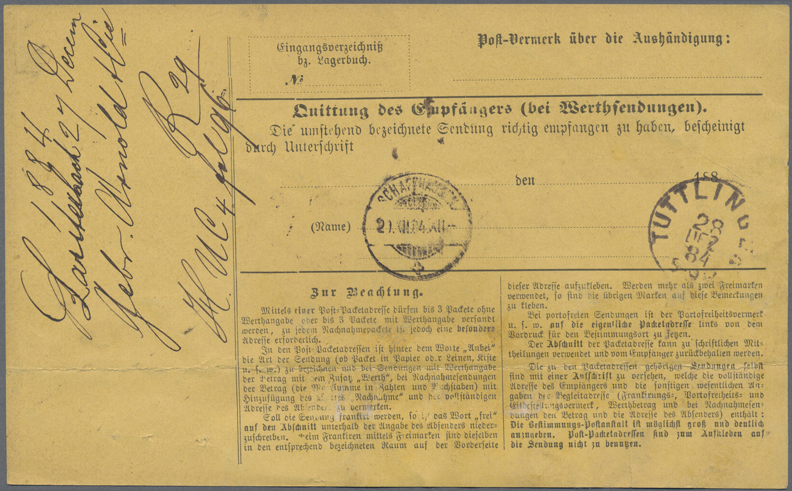 Br Württemberg - Marken Und Briefe: 1875, Sehr Seltene 4-Farbenfrankatur Auf Paketkarte Für 3 Pakete Vo - Andere & Zonder Classificatie