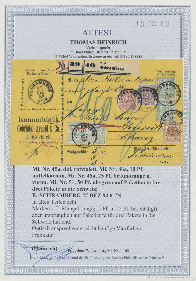 Br Württemberg - Marken Und Briefe: 1875, Sehr Seltene 4-Farbenfrankatur Auf Paketkarte Für 3 Pakete Vo - Andere & Zonder Classificatie