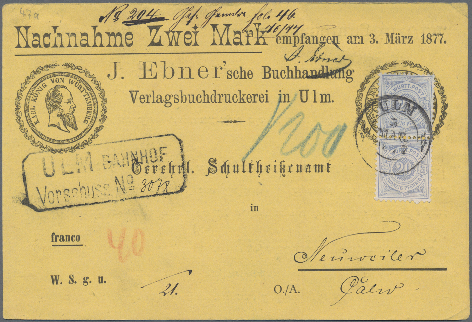 Br Württemberg - Marken Und Briefe: 1877, 20 Pfg Im Senkr. Paar Auf Portogerechtem Vorschußbeleg (Vorlä - Autres & Non Classés