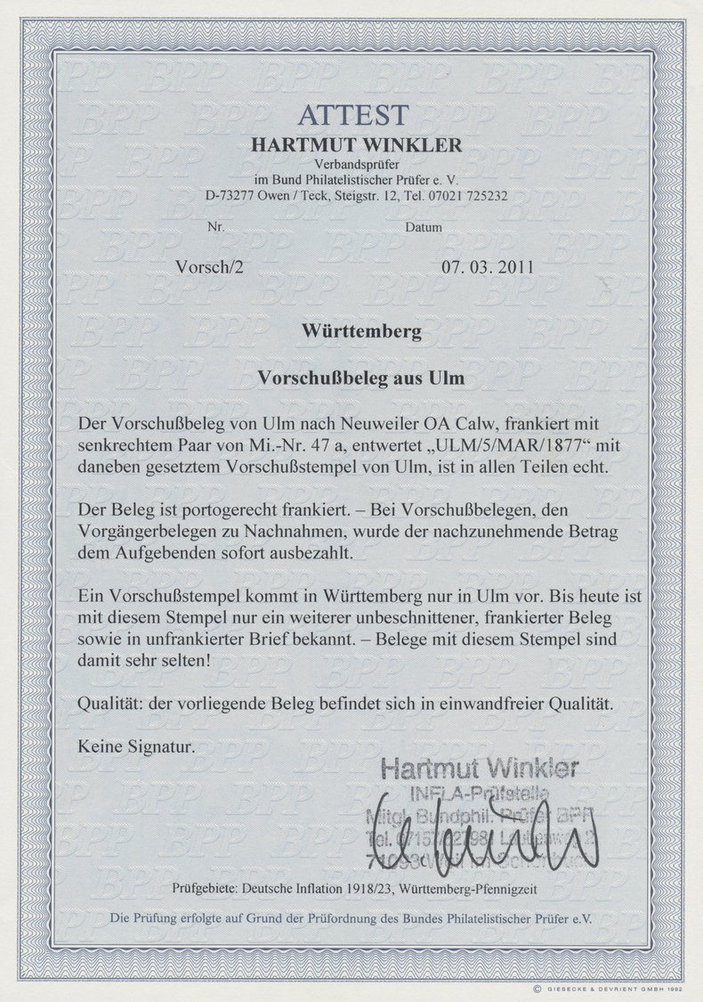 Br Württemberg - Marken Und Briefe: 1877, 20 Pfg Im Senkr. Paar Auf Portogerechtem Vorschußbeleg (Vorlä - Autres & Non Classés