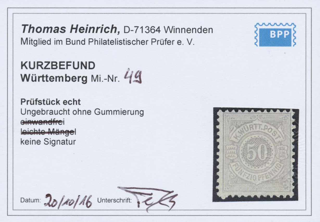 (*) Württemberg - Marken Und Briefe: 1875, 50 Pf. Gelbgrau, Ungebraucht Ohne Gummi, Farfrische Marke Mit - Autres & Non Classés