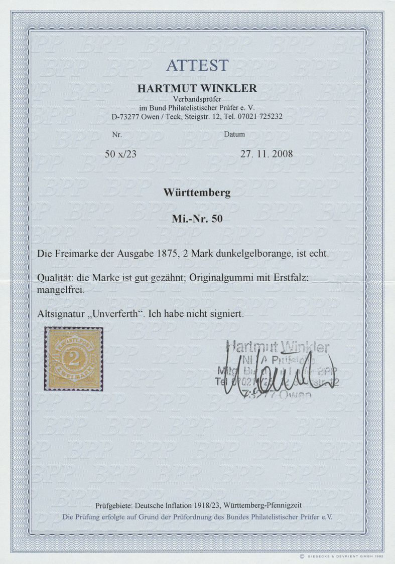 * Württemberg - Marken Und Briefe: 1875, 2 Mark Dunkelgelborange, Ungebraucht Mit Vollem Originlgummi - Andere & Zonder Classificatie