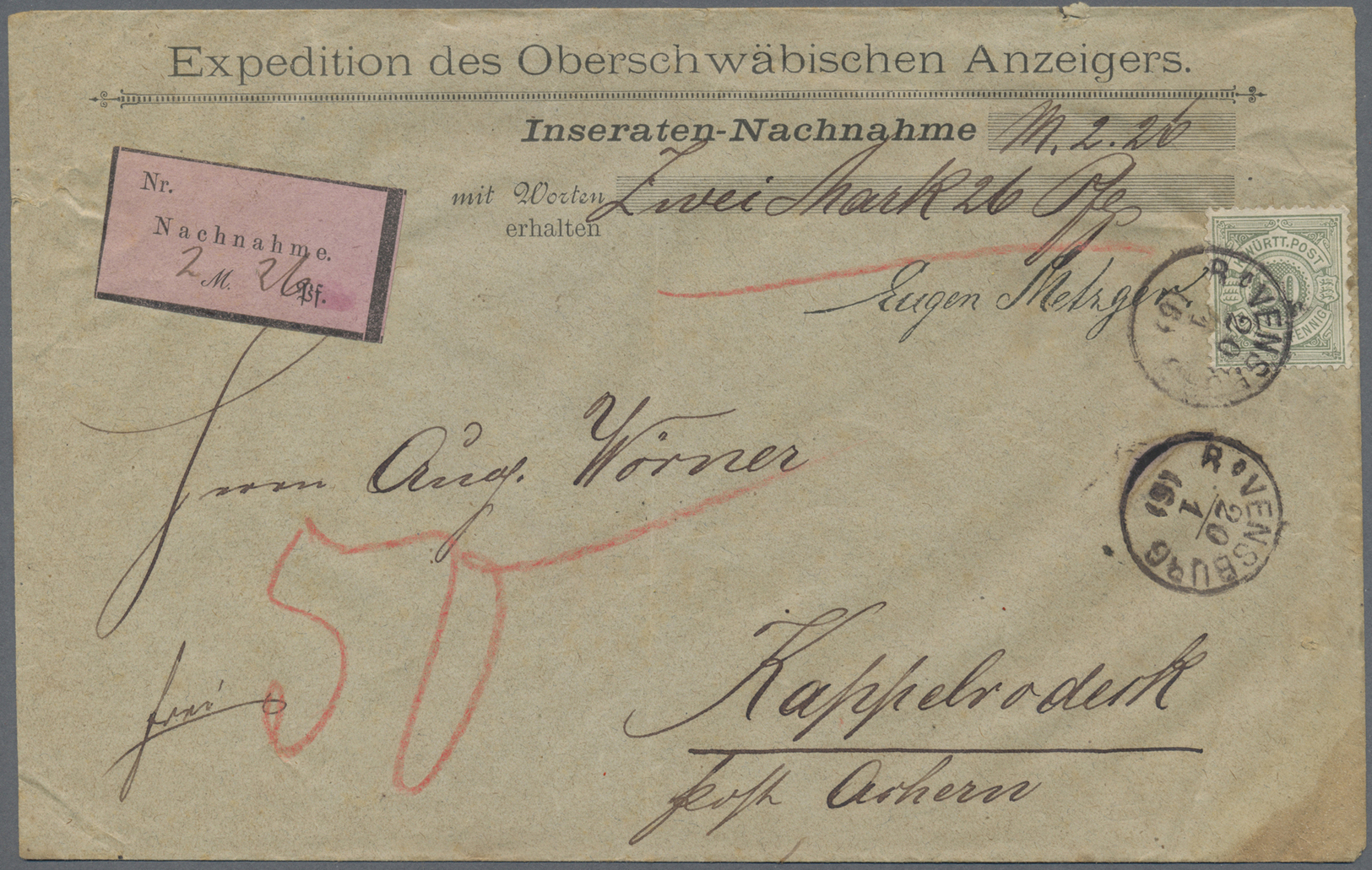 Br Württemberg - Marken Und Briefe: 1878/1879, 50 Pf Graugrün Als Einzelfrankatur Auf Sehr Seltener Ins - Autres & Non Classés