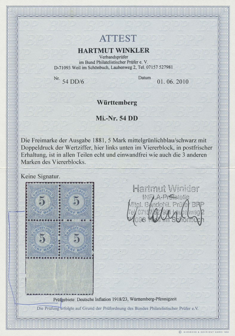 ** Württemberg - Marken Und Briefe: 5 Mk. Doppeldruck Der Wertziffer Postfrisches Qualitätsstück Der Se - Autres & Non Classés