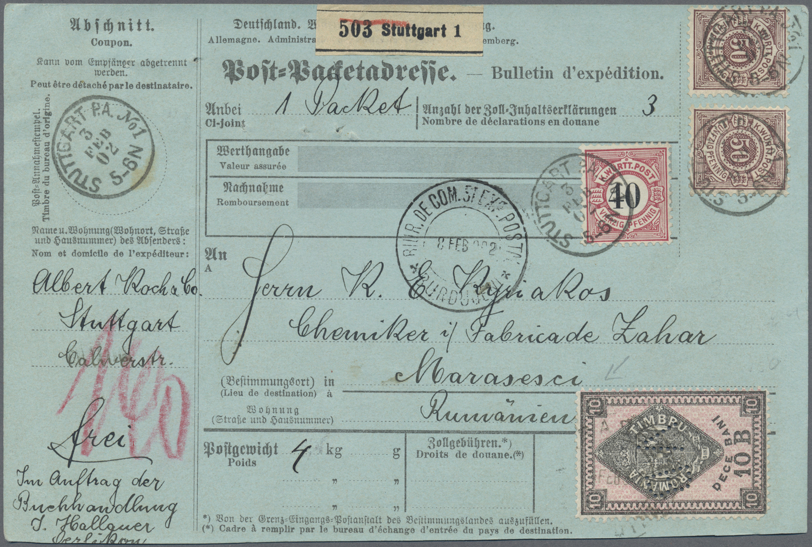 Br Württemberg - Marken Und Briefe: 1900, Paketkarte Mit 40 Pf. Karmin/schwarz Und Zweimal 50 Pf. Lilab - Autres & Non Classés