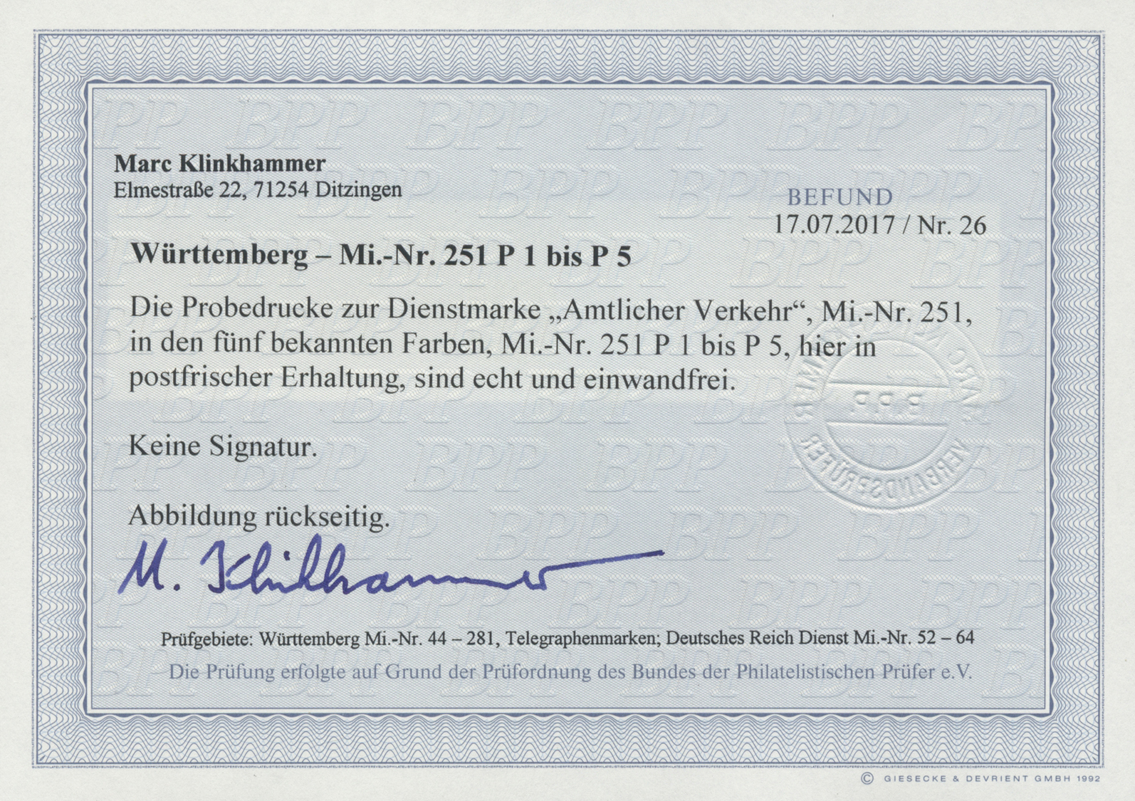 ** Württemberg - Marken Und Briefe: 1917, Probedruck Dienstmarke 25 Pf. In Fünf Verschiedenen Farben Je - Andere & Zonder Classificatie