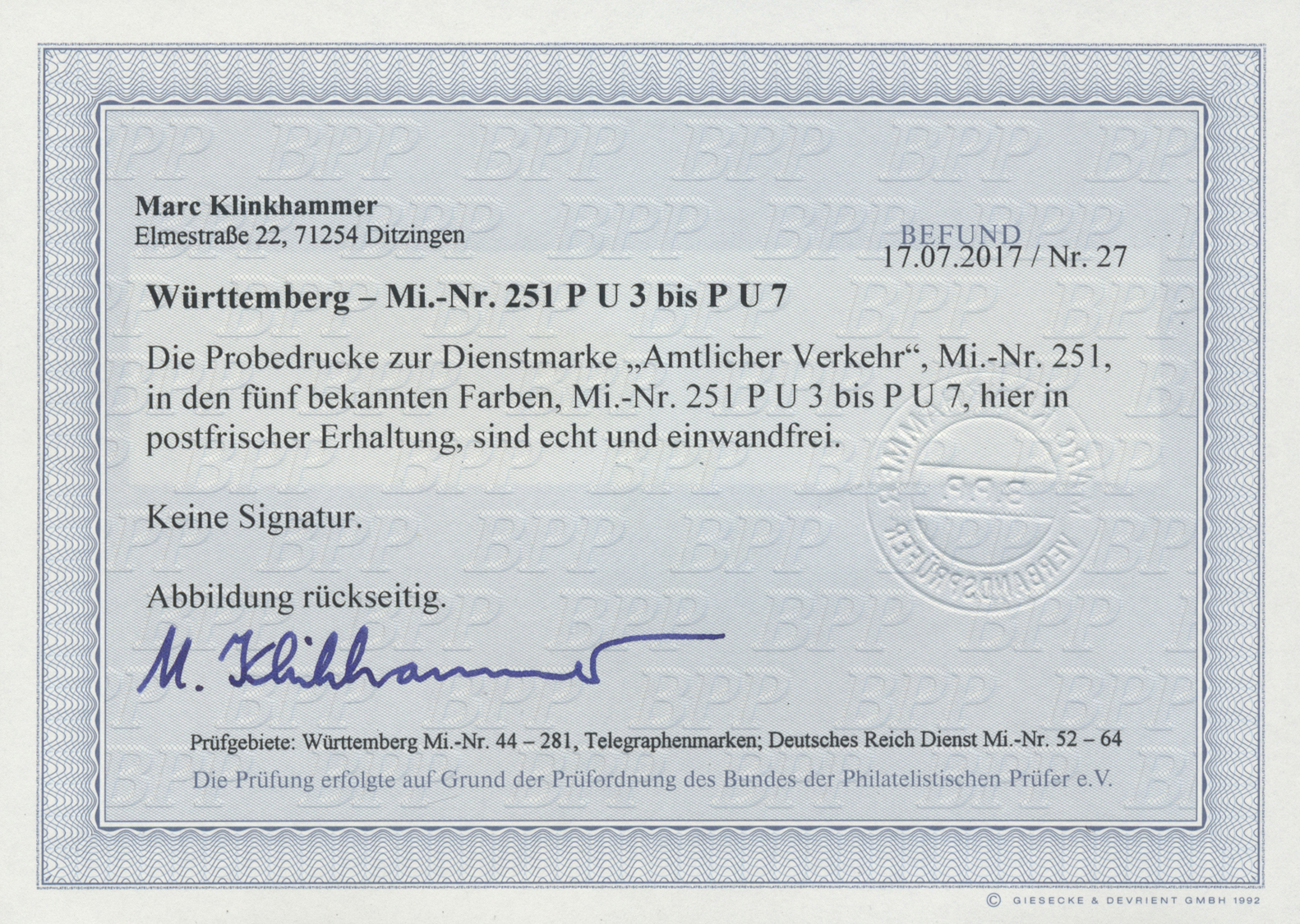 ** Württemberg - Marken Und Briefe: 1917, Probedruck Dienstmarke 25 Pf. In Fünf Verschiedenen Farben Je - Andere & Zonder Classificatie