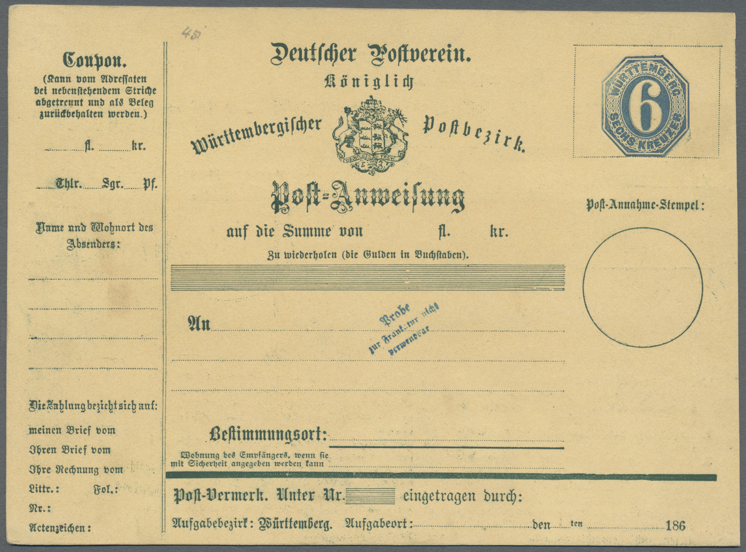 GA Württemberg - Ganzsachen: 1866, Seltener Post-Anweisungs-PROBEDRUCK 6 Kr. Blau Mit Punkt-Rahmen Um W - Andere & Zonder Classificatie