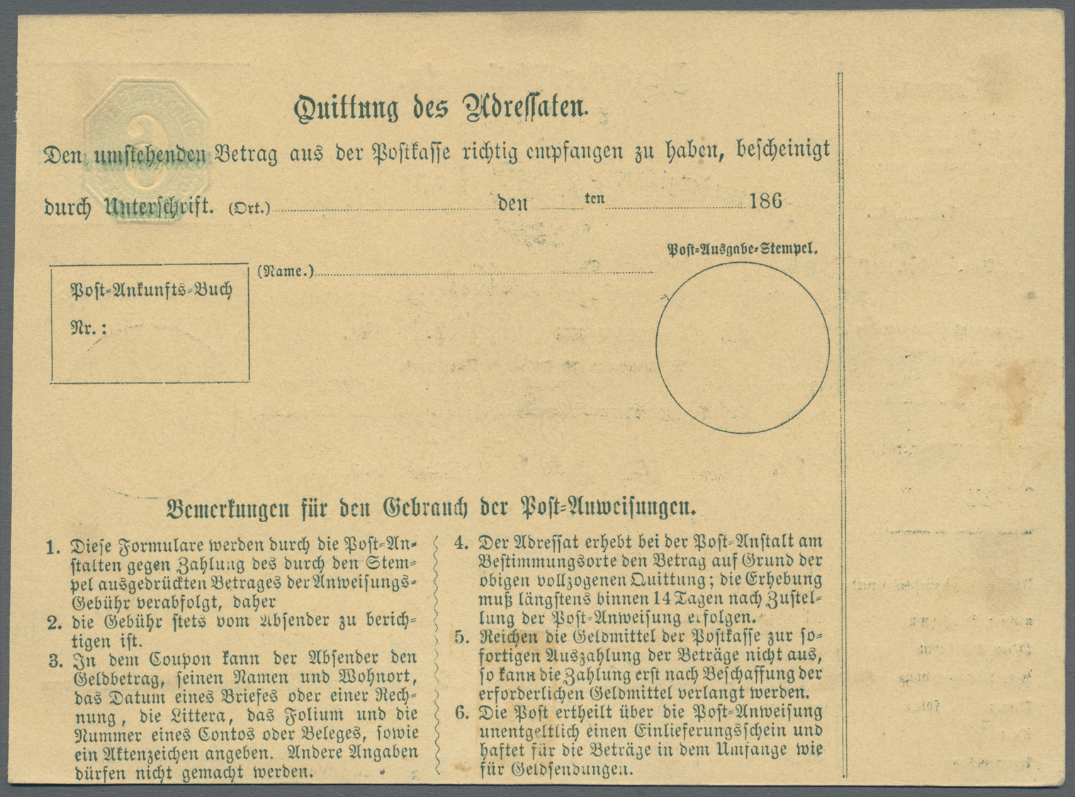 GA Württemberg - Ganzsachen: 1866, Seltener Post-Anweisungs-PROBEDRUCK 6 Kr. Blau Mit Punkt-Rahmen Um W - Autres & Non Classés