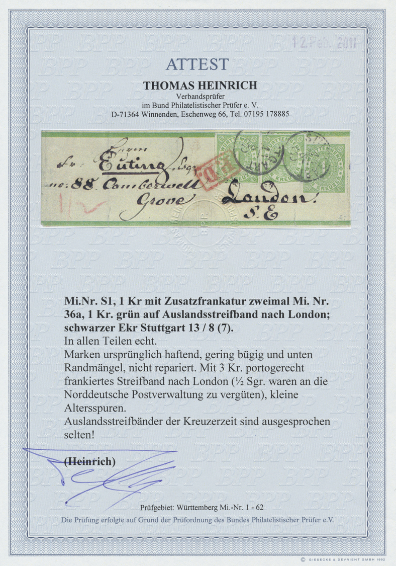 GA Württemberg - Ganzsachen: 1870/74 Drei GA-Streifbänder 1 Kr. mit Zusatzfrankaturen nach LUXEMBURG un