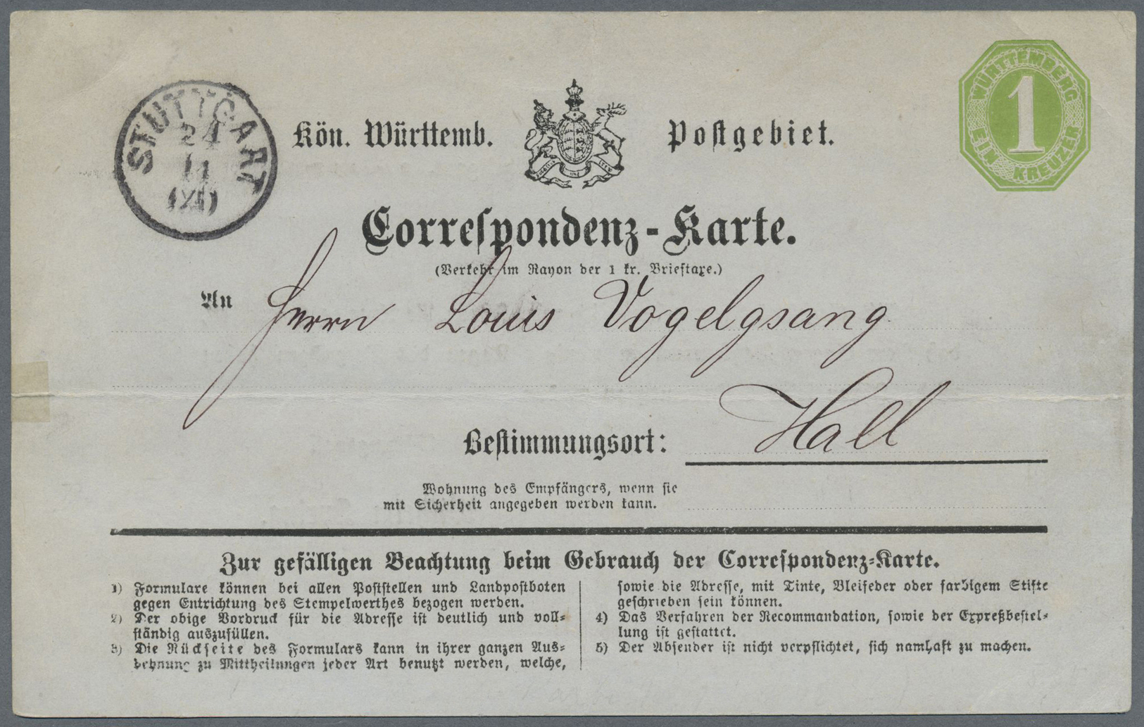 GA Württemberg - Ganzsachen: 1871. Postkarte 1 Kr Grün Ziffer Mit Rs. Zudruck "Vertreterbesuch". Gebrau - Autres & Non Classés