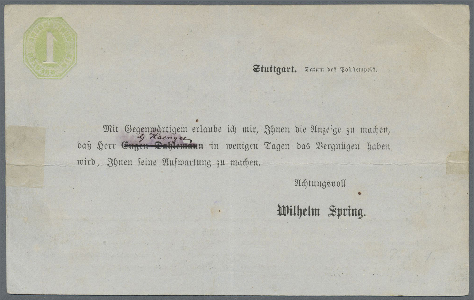 GA Württemberg - Ganzsachen: 1871. Postkarte 1 Kr Grün Ziffer Mit Rs. Zudruck "Vertreterbesuch". Gebrau - Andere & Zonder Classificatie