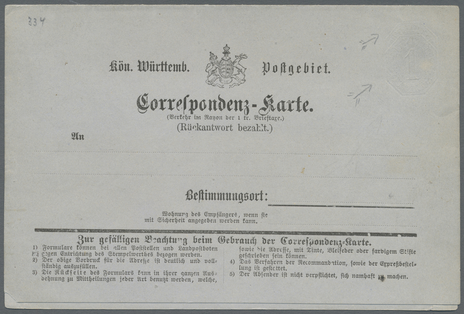 GA Württemberg - Ganzsachen: 1871, 1 Kr./1 Kr. Doppelkarte Mit DOPPELTEM FARBLOSEM "Albino"-Werteindruc - Andere & Zonder Classificatie