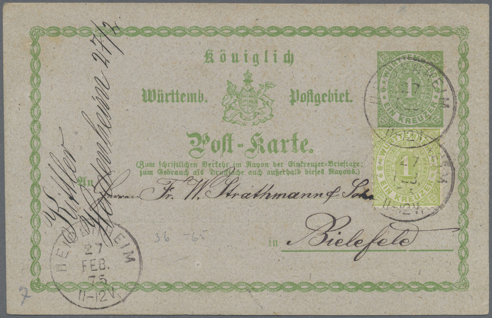 GA Württemberg - Ganzsachen: 1873, GA-Karte 1 Kr. Mit Umrandung Und Zusatzfrankatur 1 Kr. Gezähnt Von " - Andere & Zonder Classificatie