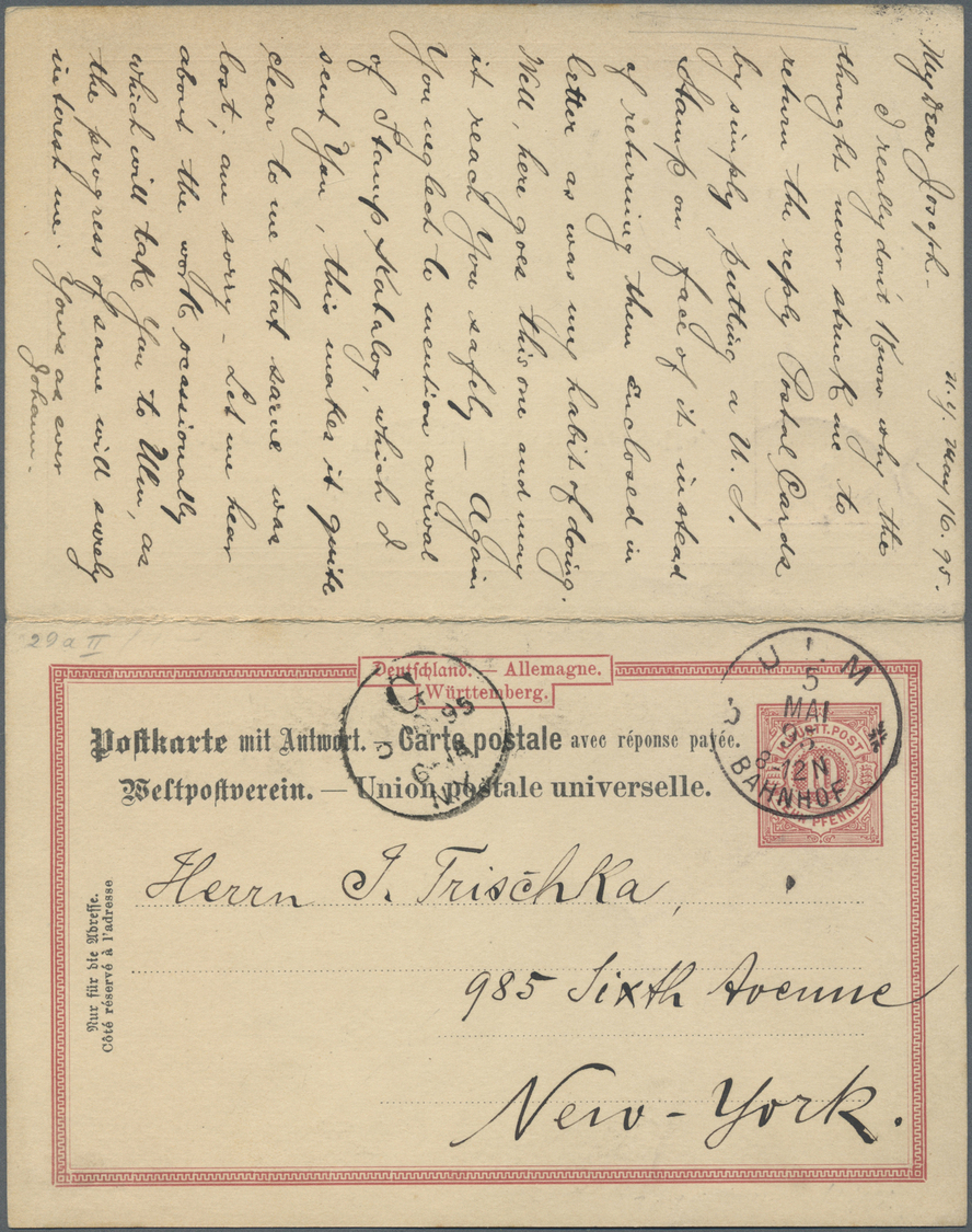 GA Württemberg - Ganzsachen: 1887, 10 Pfg. Doppel-Ganzsachenkarte Gebraucht Aus "ULM 5.MAI.95" Nach New - Other & Unclassified