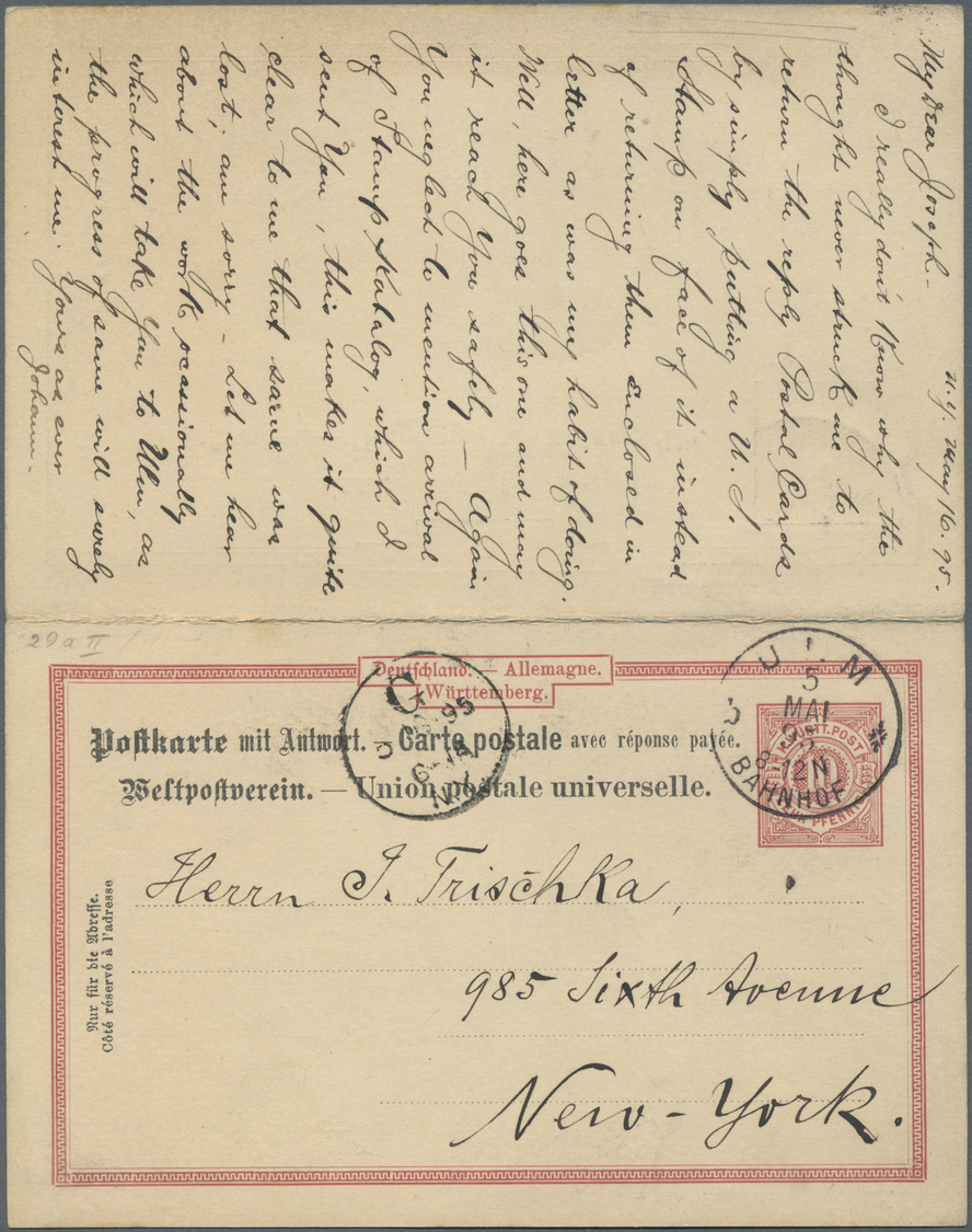 GA Württemberg - Ganzsachen: 1887, 10 Pfg. Doppel-Ganzsachenkarte Gebraucht Aus "ULM 5.MAI.95" Nach New - Autres & Non Classés