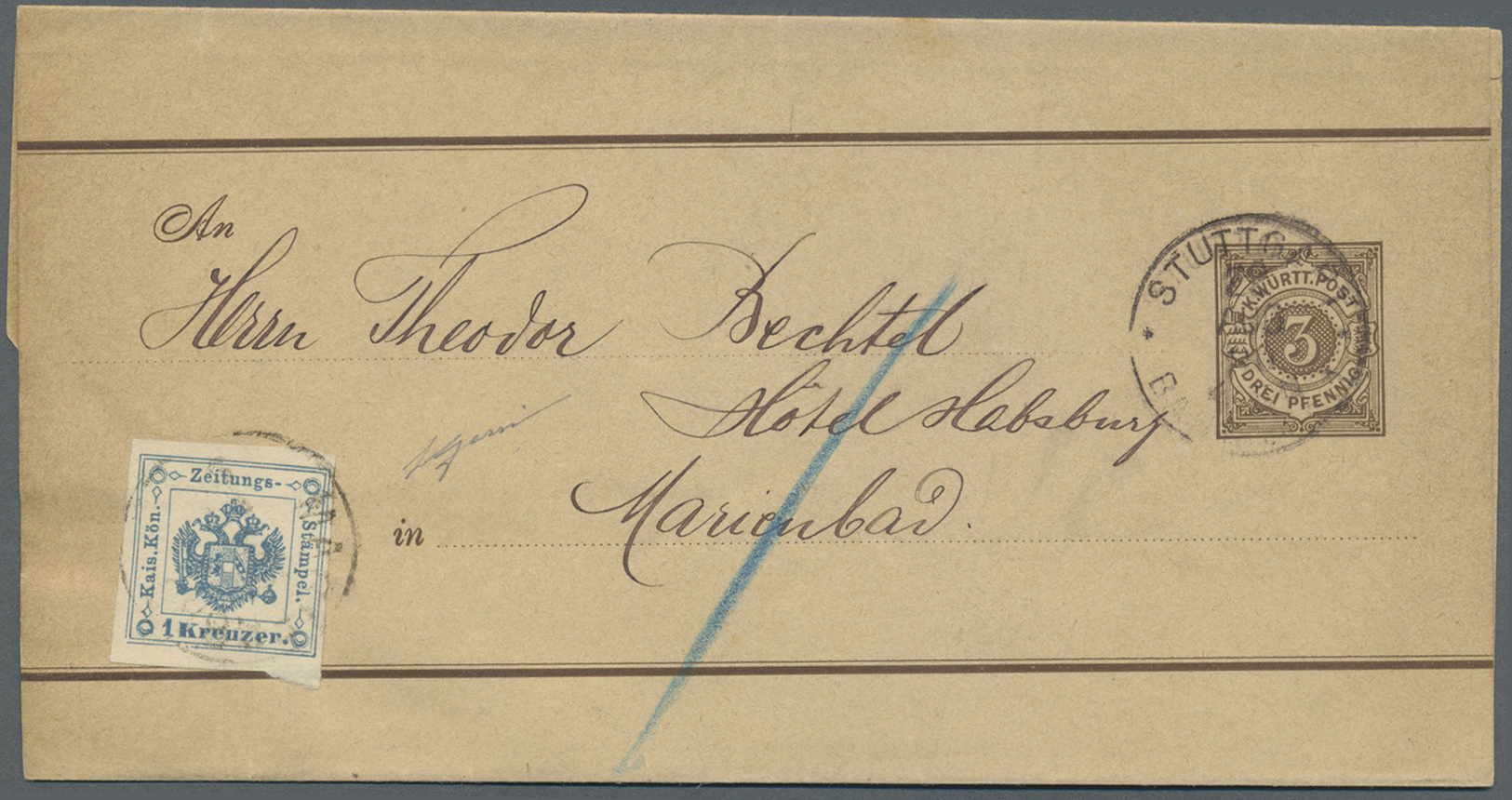 Br Württemberg - Ganzsachen: 1890, 3 Pfg. Ganzsachen-Streifband Gebraucht Aus "STUTTGART BAHNHOF 22.AUG - Autres & Non Classés