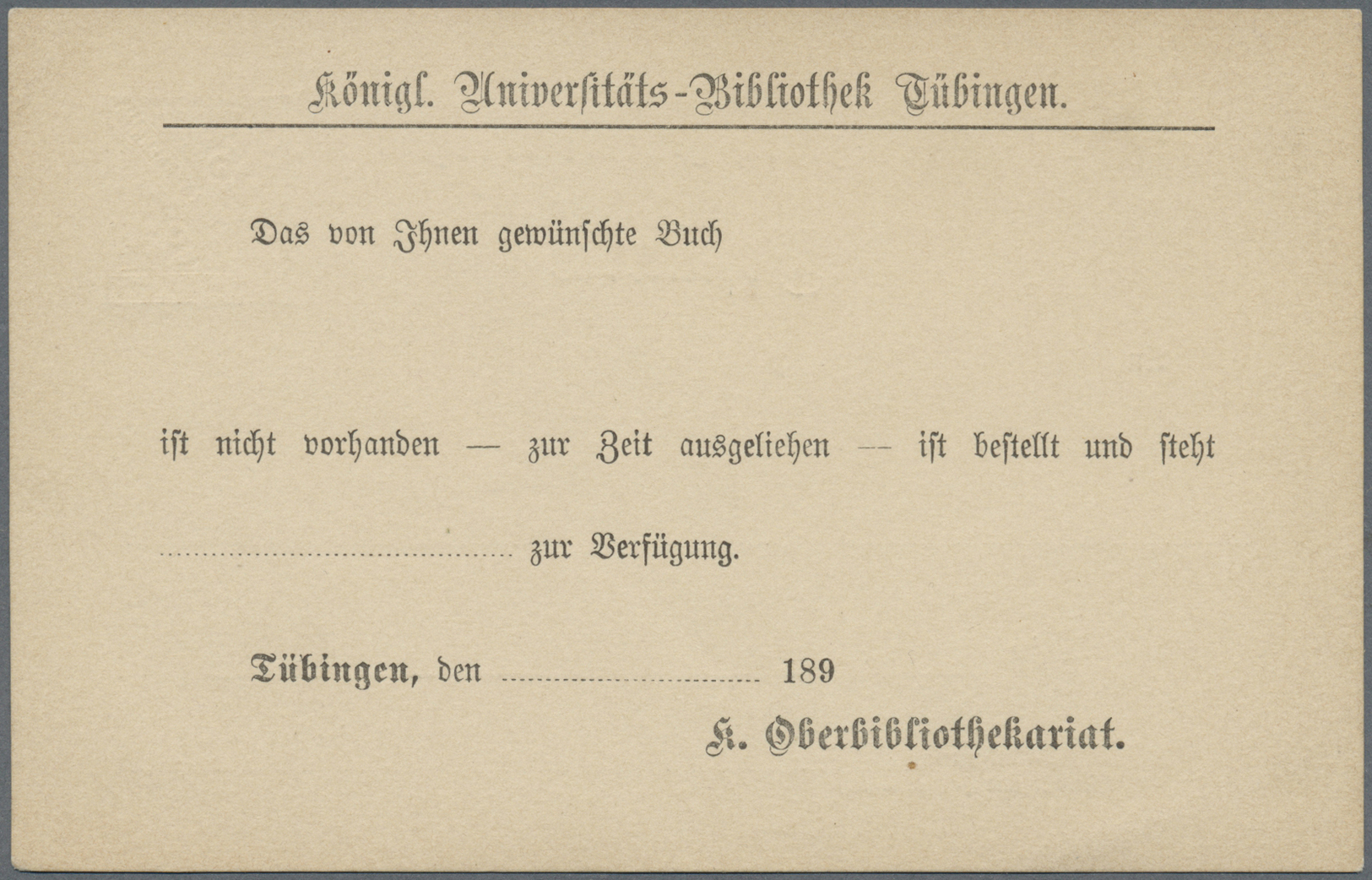 GA Württemberg - Ganzsachen: 1894. Dienst-Postkarte 3 Pf Braun "Universitäts-Bibliothek Tübingen", Unge - Andere & Zonder Classificatie
