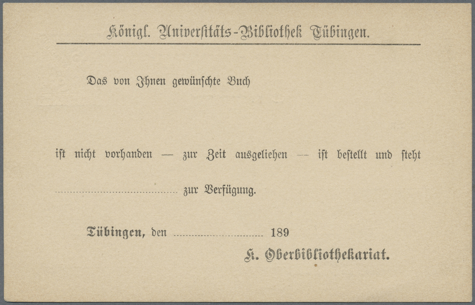 GA Württemberg - Ganzsachen: 1894. Dienst-Postkarte 3 Pf Braun "Universitäts-Bibliothek Tübingen", Unge - Autres & Non Classés