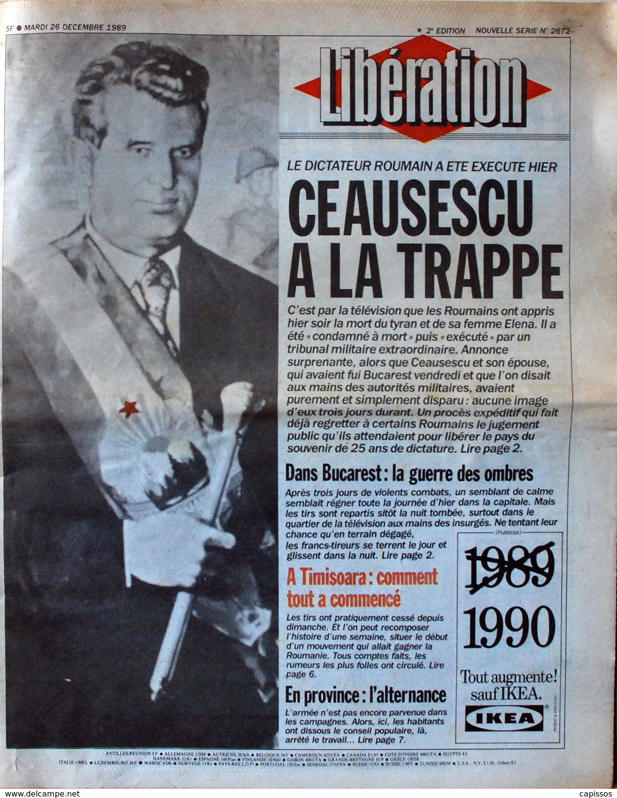 Libération N° 2672 26 Décembre 1989 Ceausescu à La Trappe Bon état - Politica