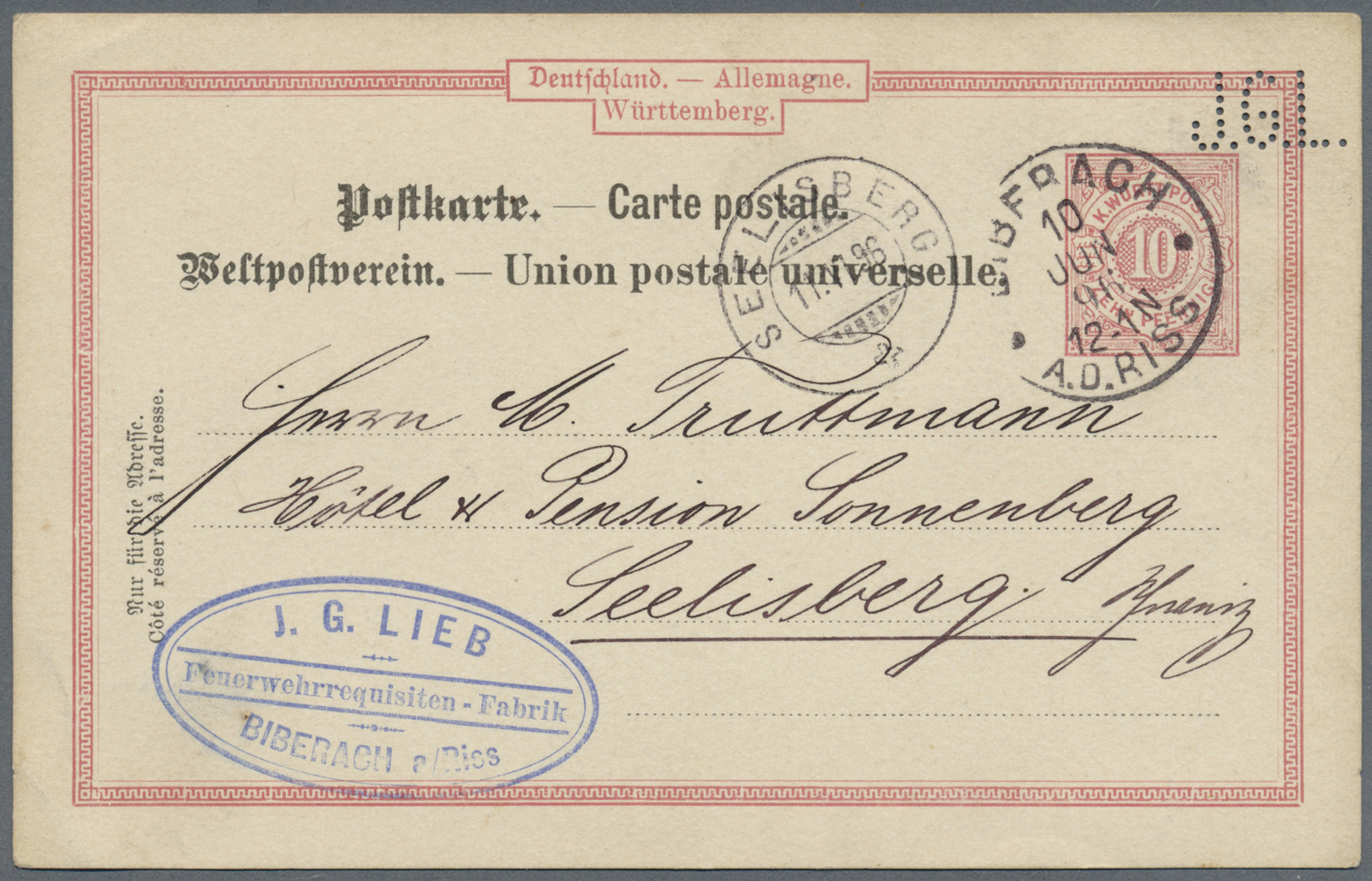 GA Württemberg - Ganzsachen: 1896, Postkarte 10 Pf Ziffer Mit Sehr Seltener Firmenlochung "J.G.L." (= J - Andere & Zonder Classificatie