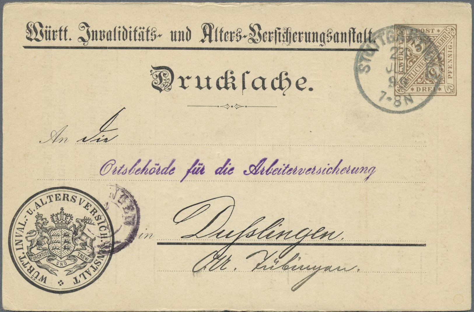GA Württemberg - Ganzsachen: 1899. Dienst-Postkarte 3 Pf Braun "Württ. Invaliditäts- U. Alters-Versiche - Andere & Zonder Classificatie