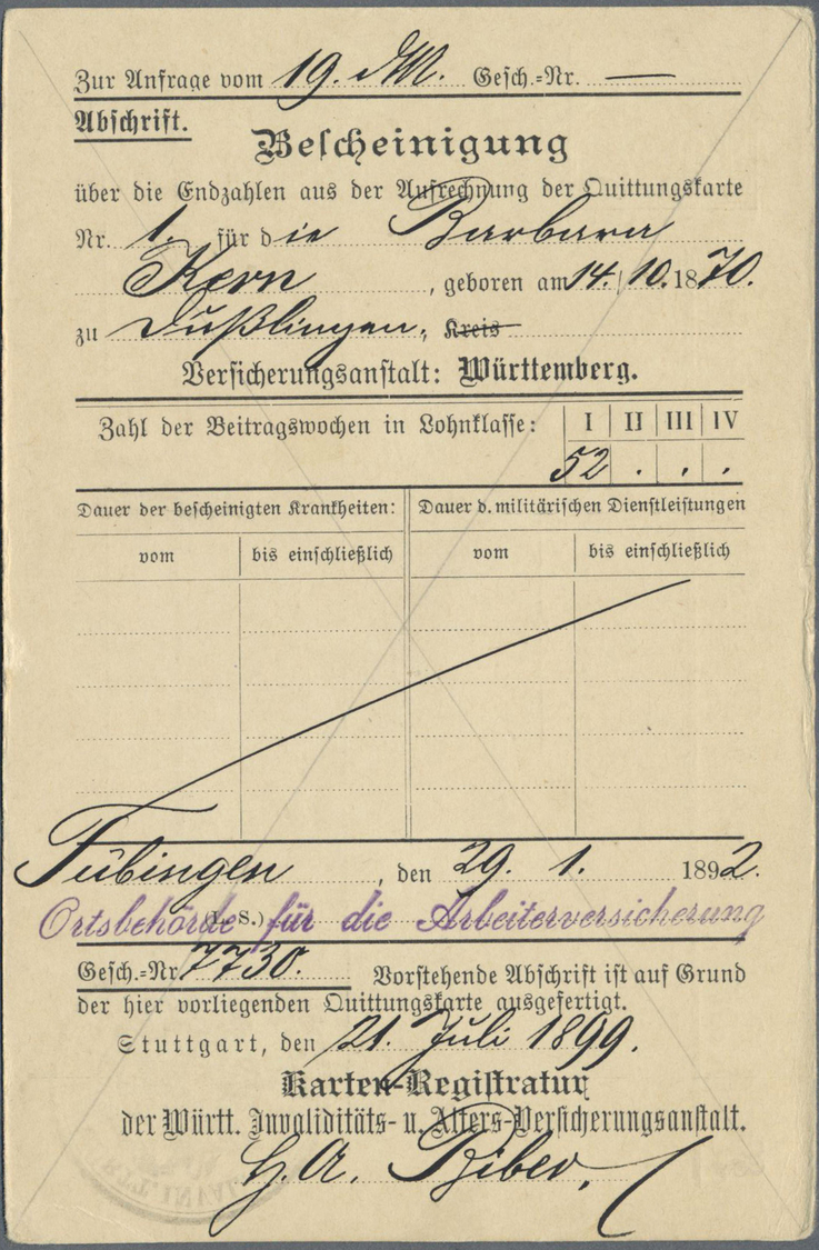 GA Württemberg - Ganzsachen: 1899. Dienst-Postkarte 3 Pf Braun "Württ. Invaliditäts- U. Alters-Versiche - Autres & Non Classés