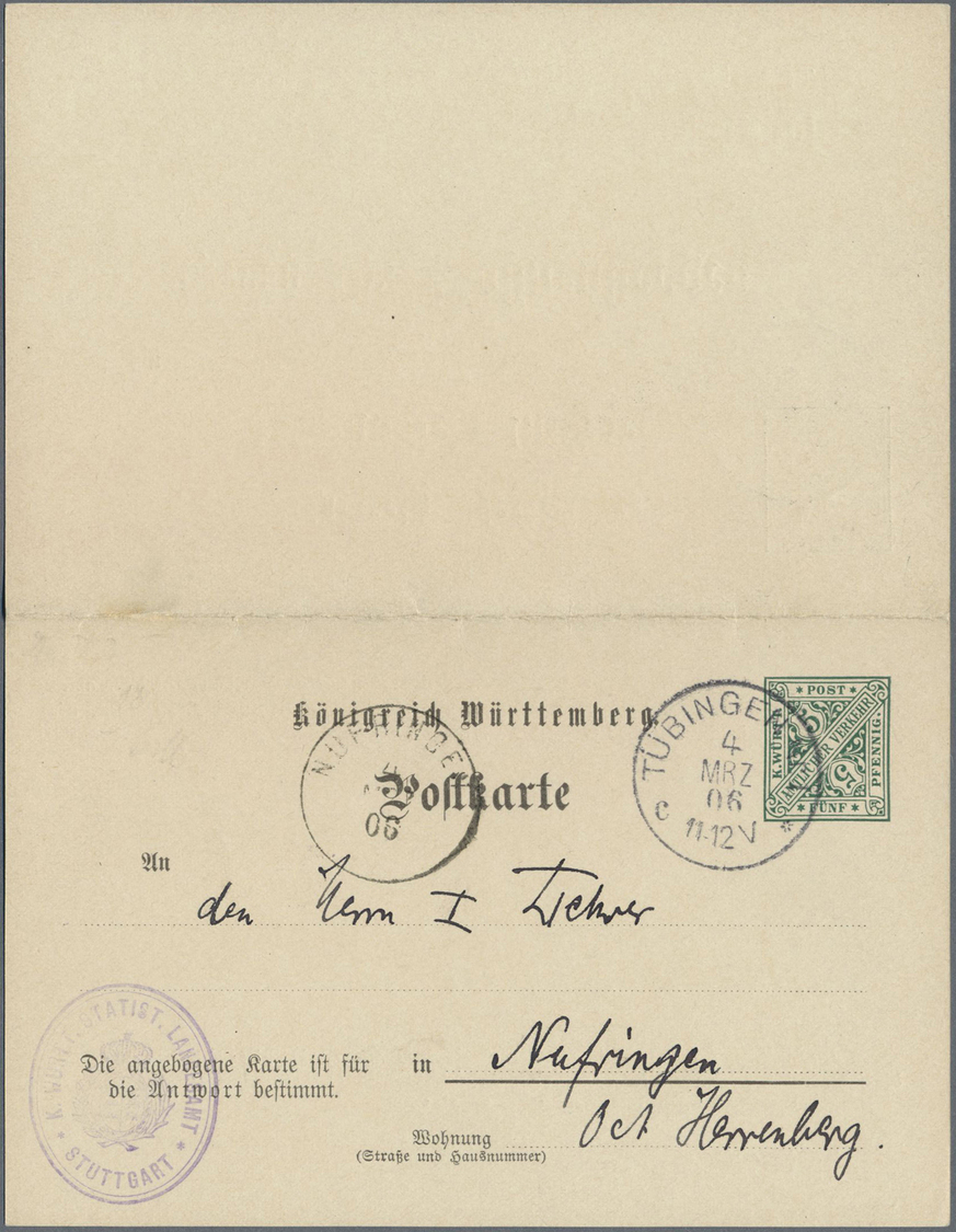 GA Württemberg - Ganzsachen: 1906. Doppelkarte 5+5 Pf Grün, Antwortteil Mit Adresszudruck "Dr. Bohnenbe - Andere & Zonder Classificatie