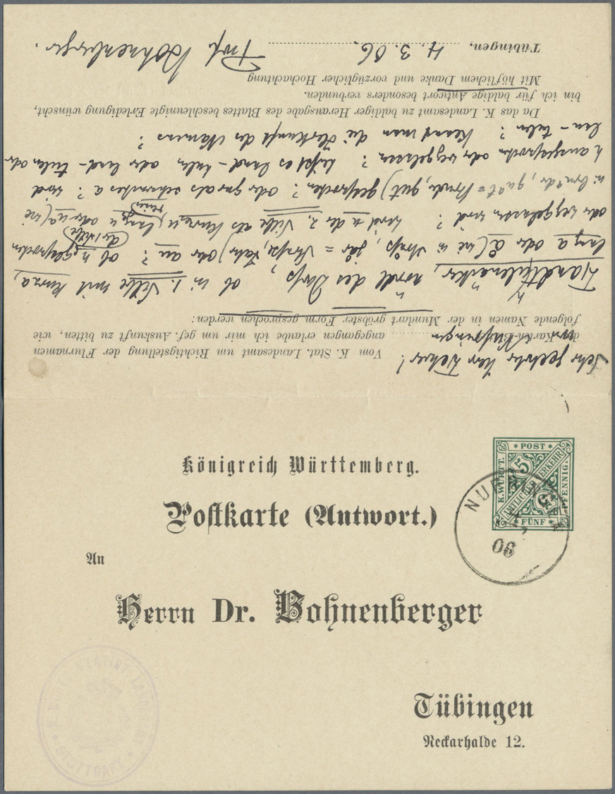 GA Württemberg - Ganzsachen: 1906. Doppelkarte 5+5 Pf Grün, Antwortteil Mit Adresszudruck "Dr. Bohnenbe - Autres & Non Classés