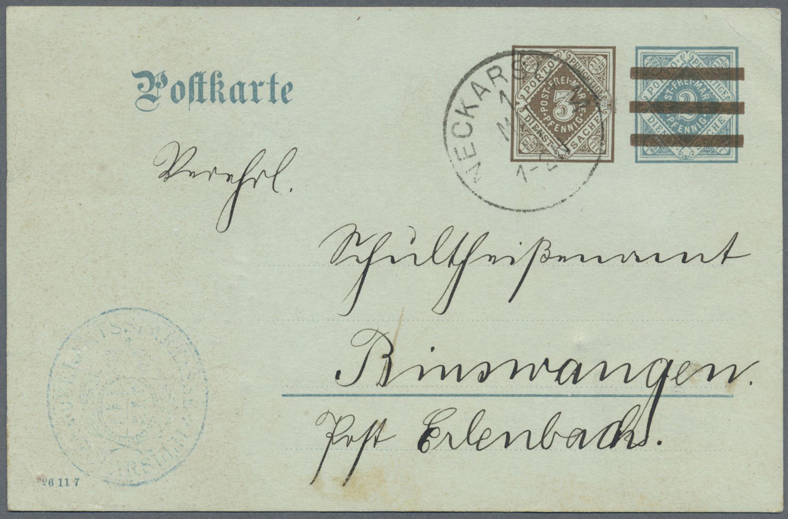 GA Württemberg - Ganzsachen: 1909. Aufbrauch-Postkarte 3 Pf Neben Durchbalkt 2 Pf. DV "26 11 7". Gebrau - Autres & Non Classés