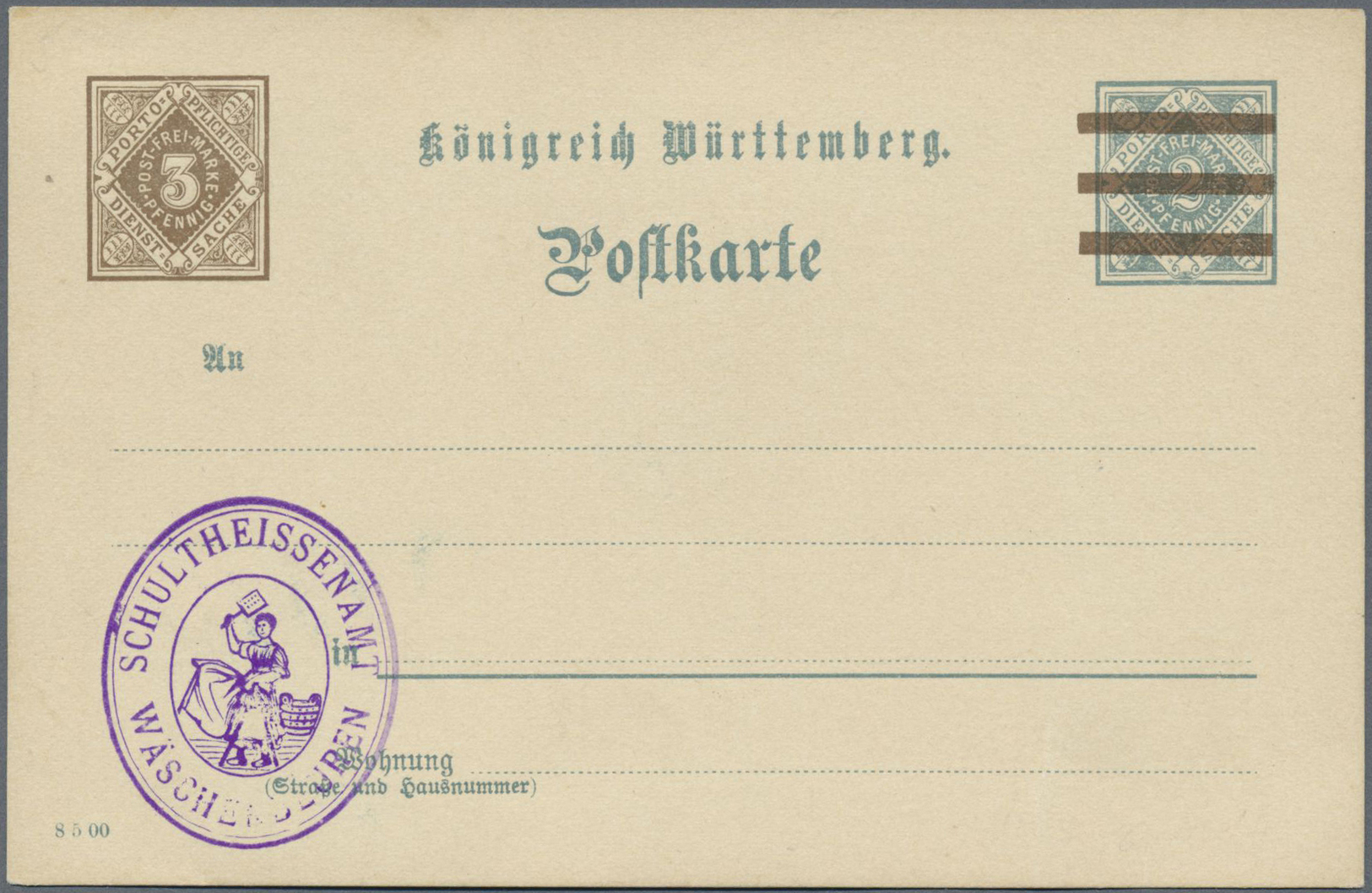 GA Württemberg - Ganzsachen: 1908. Aufbrauchkarte 3 Pf Braun Auf (2 Pf Grau), Druckdatum "8 5 00", Unge - Autres & Non Classés