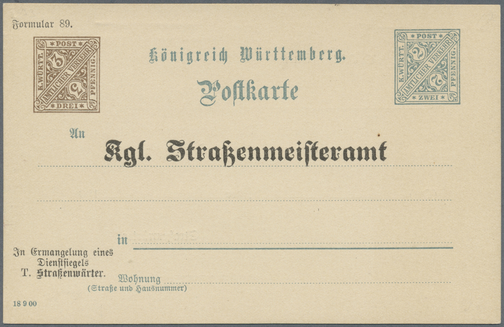 GA Württemberg - Ganzsachen: 1908. Aufbrauch-Dienstpostkarte 3 Pf Braun Neben 2 Pf Grün "Kgl. Straßenme - Other & Unclassified