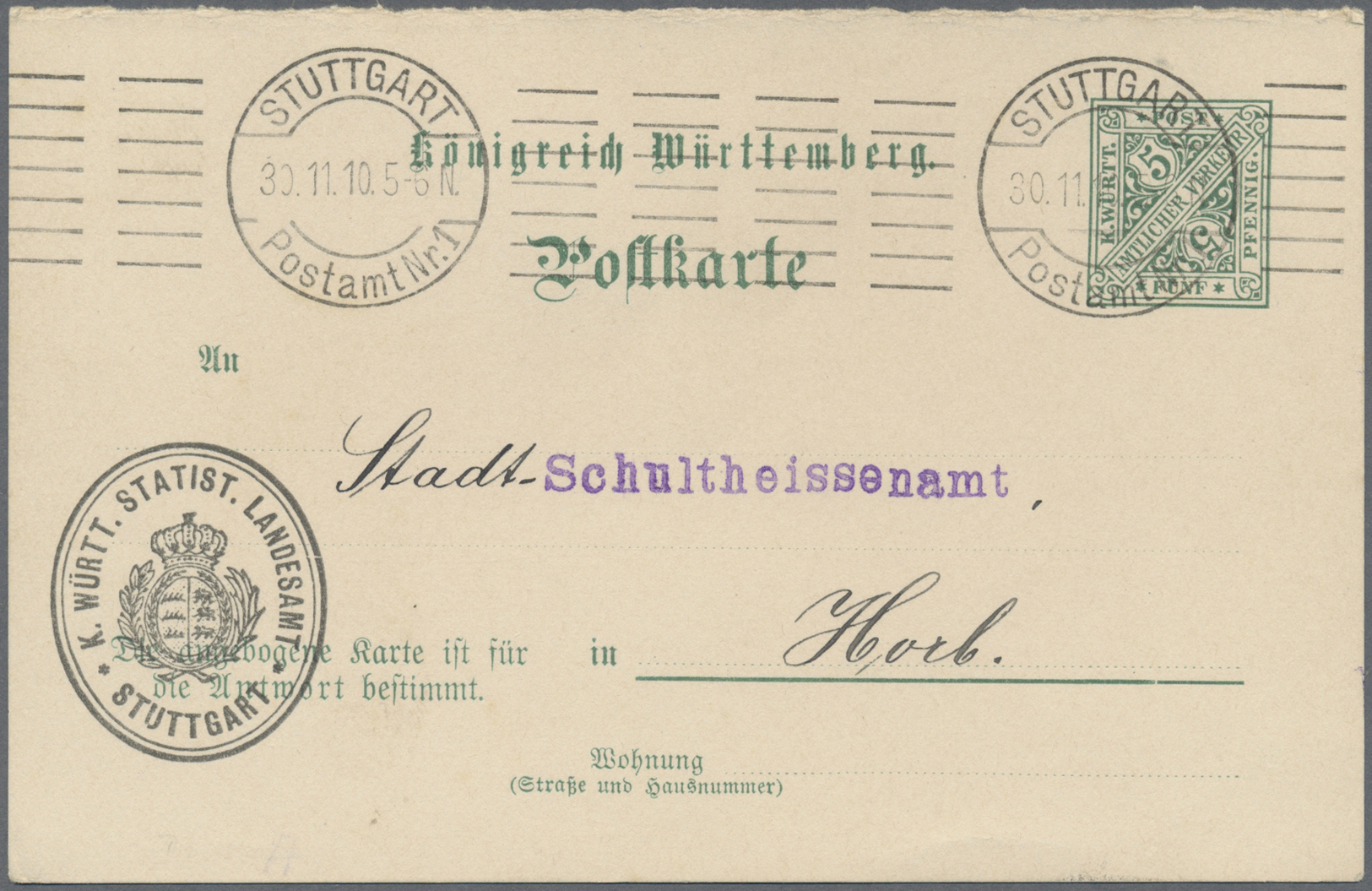 GA Württemberg - Ganzsachen: 1910. Fragekarte 5 Pf Amtl. Verkehr, Gebraucht Von "Stuttgart 30.11.10 Pos - Andere & Zonder Classificatie