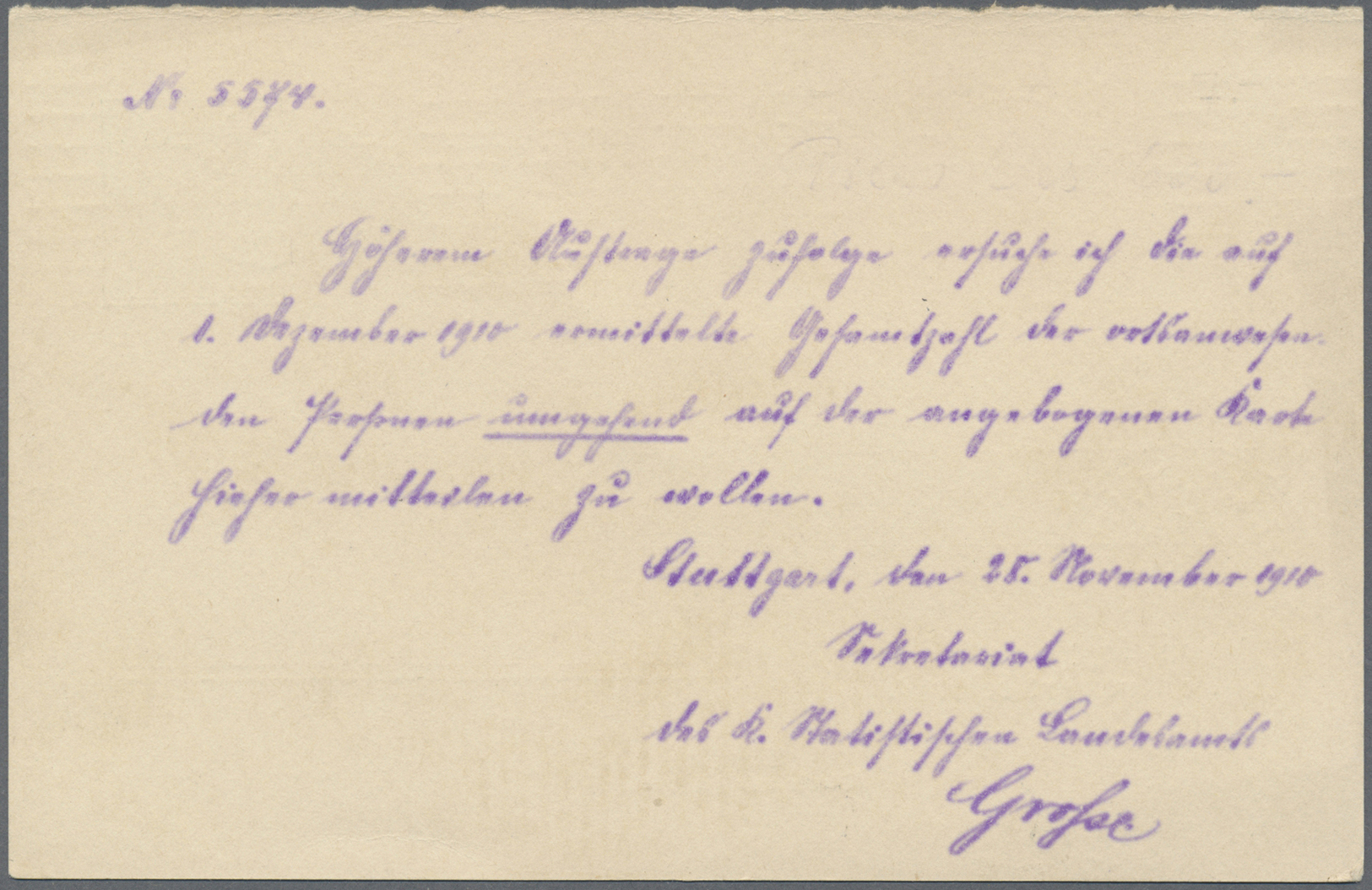 GA Württemberg - Ganzsachen: 1910. Fragekarte 5 Pf Amtl. Verkehr, Gebraucht Von "Stuttgart 30.11.10 Pos - Andere & Zonder Classificatie