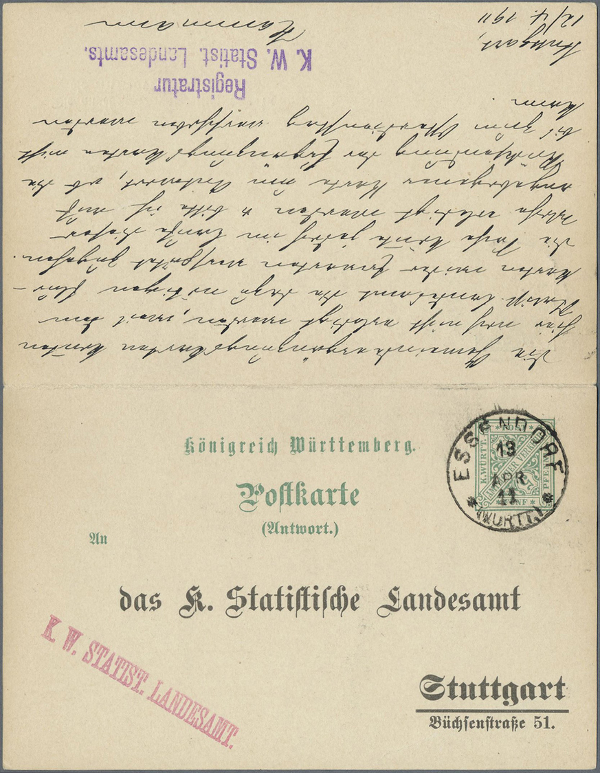 GA Württemberg - Ganzsachen: 1911. Doppelkarte 5+5 Pf Grün "Statistisches Landesamt", Ohne Dienststempe - Andere & Zonder Classificatie