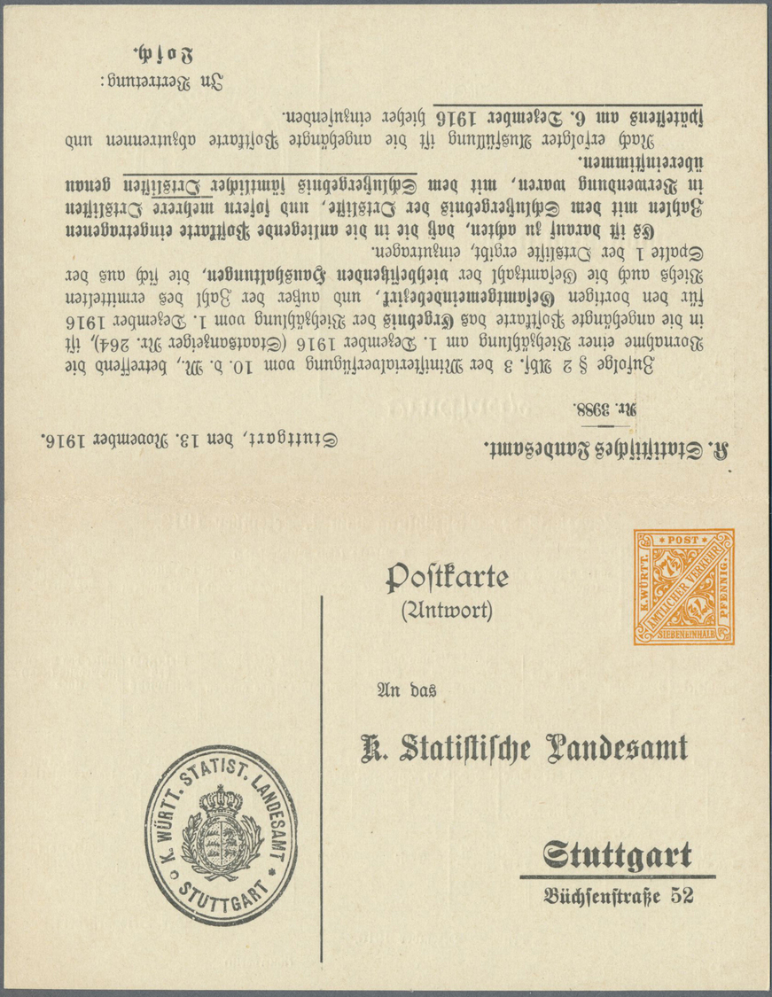 GA Württemberg - Ganzsachen: 1916. Doppel-Dienstpostkarte 3 Pf / 7 1/2 Pf "Viehzählung 1916", Ungebrauc - Andere & Zonder Classificatie