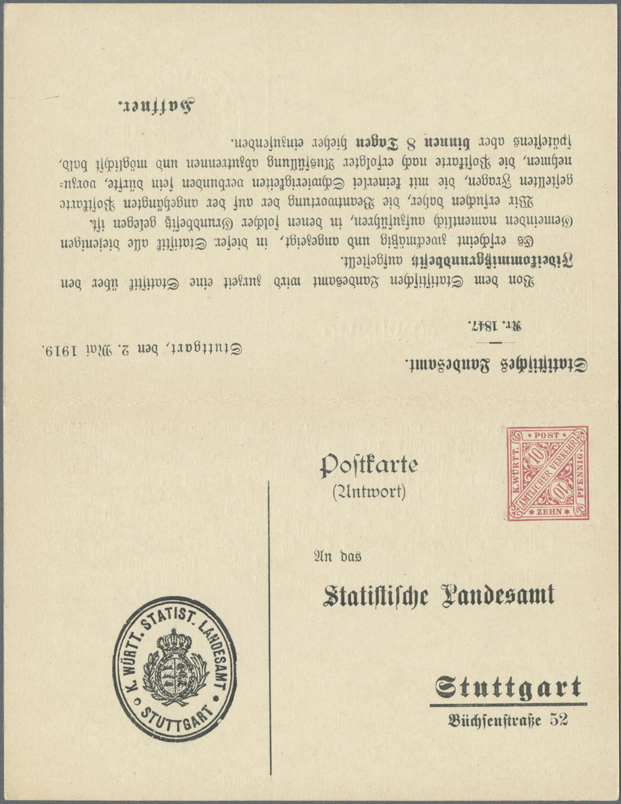 GA Württemberg - Ganzsachen: 1919. Doppel-Dienstpostkarte 5 Pf / 10 Pf "Fideikommißgrundbesitz", Ungebr - Andere & Zonder Classificatie