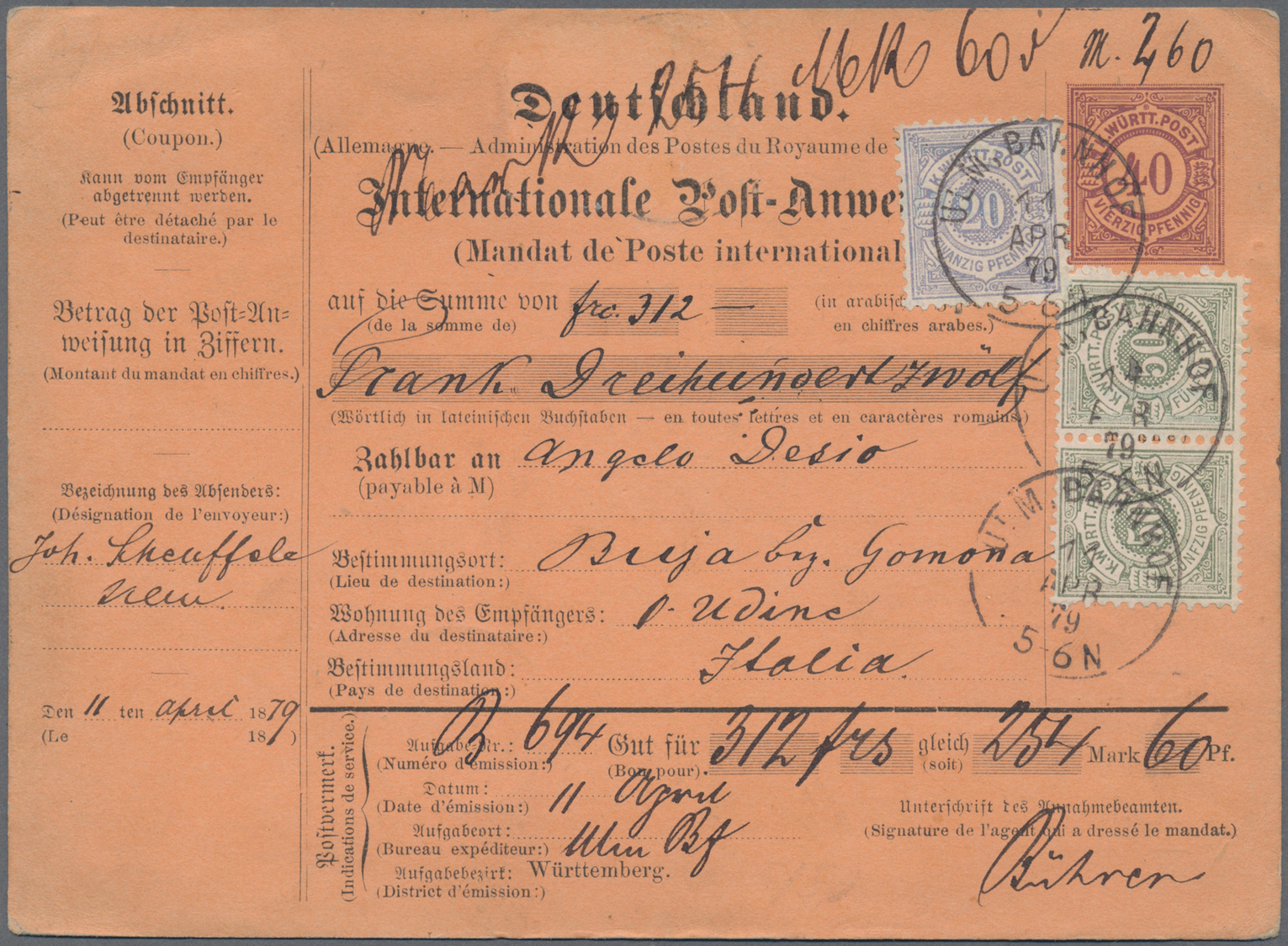 Br Württemberg - Postanweisungen: 1879, 40 Pfg Ganzsachen-Postanweisung Mit Zusatzfrankatur 20 Pfg Ultr - Andere & Zonder Classificatie