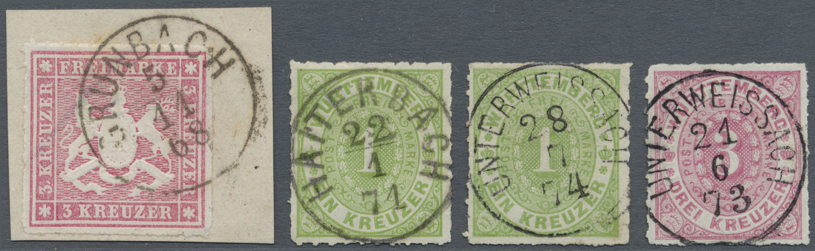 O/Brfst Württemberg - Einkreisstempel: "GRUNBACH 5 11 68" Auf Wappen 3 Kr. Durchstochen Und Ovalausgabe Je M - Andere & Zonder Classificatie