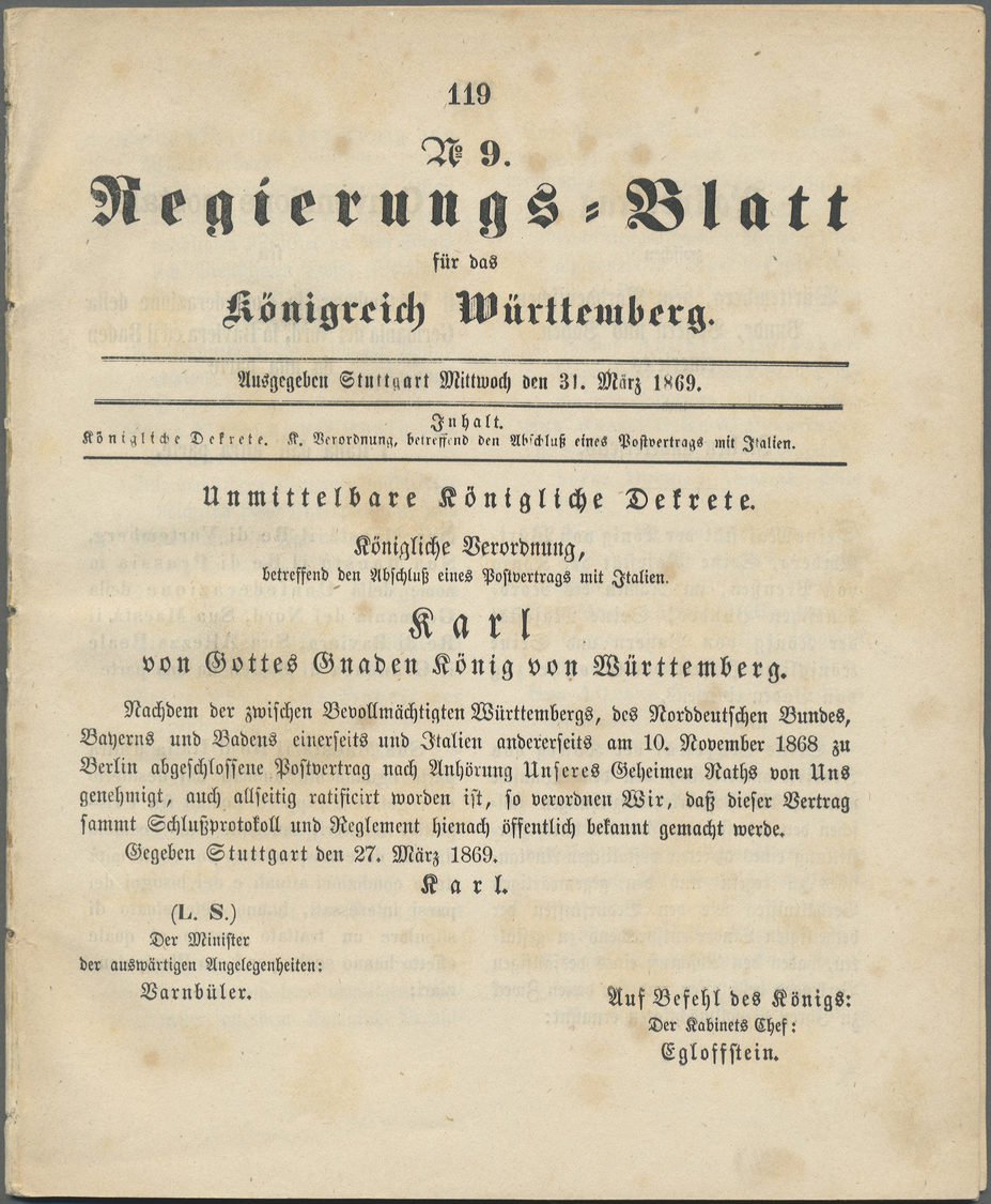 Württemberg - Besonderheiten: 1869, Postvertrag Zwischen Württemberg, Norddt. Bund, Bayern Und Baden - Andere & Zonder Classificatie